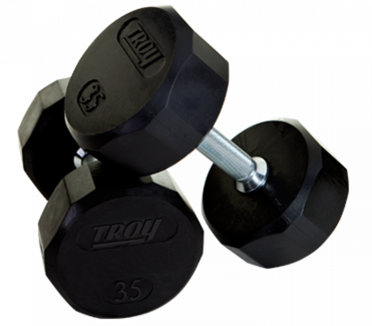 Picture Of Troy 12 Sided Rubber Encased Dumbbells - Troy Barbell 12 Sided Rubber Encased Dumbbell 5 50 (728x638), Png Download