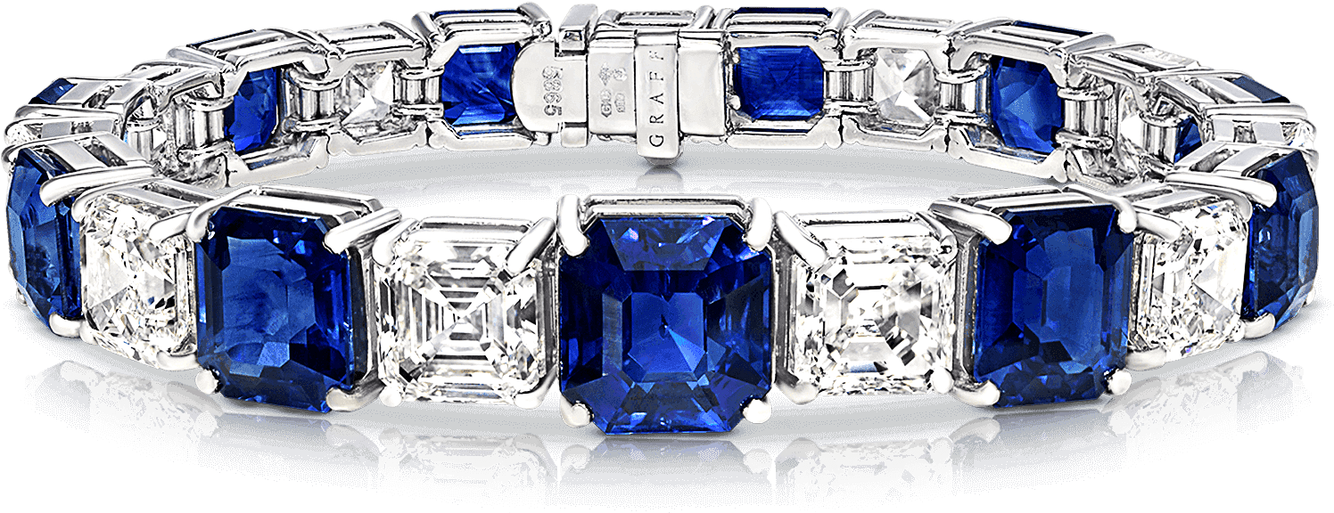 A Graff Emerald Cut Sapphire And Diamond Bracelet - Emerald And Sapphire Tennis Bracelet (2000x1320), Png Download