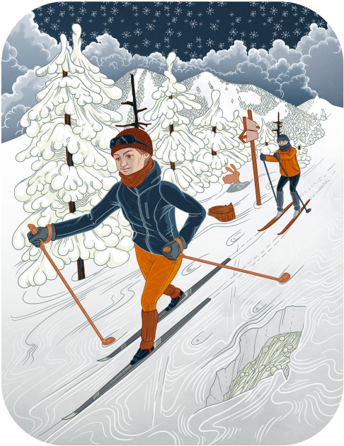Crosscountry Skiing In The Snow Mountains Illustration - Nordic Skiing (540x684), Png Download