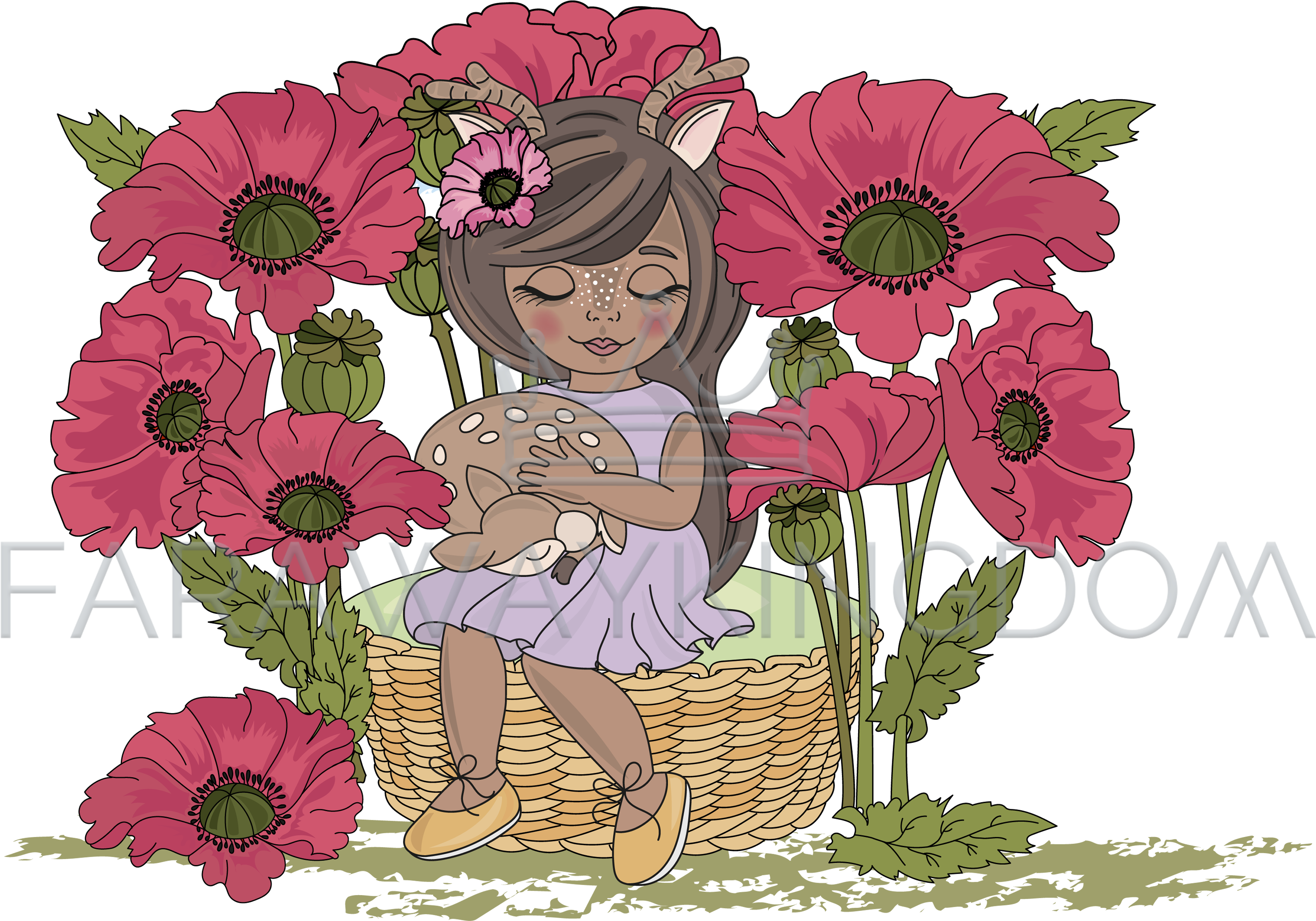 Deer Baby And Girl Cartoon Animal Vector Illustration - Love You (3508x2480), Png Download