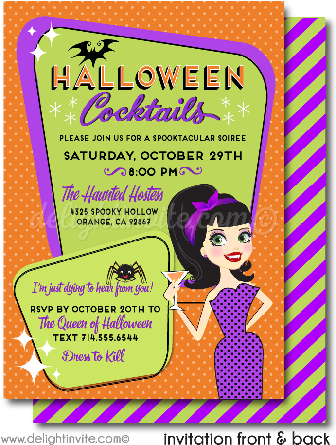 Rockabilly Pin-up Girl Halloween Party Invitations - Holiday Retro Cocktail Party Invitations (700x951), Png Download