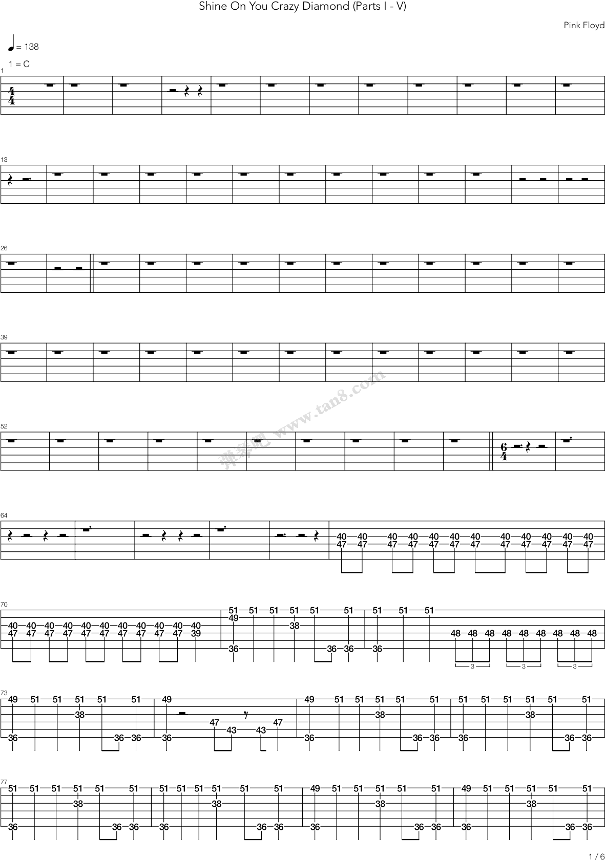 Shine On You Crazy Diamond Part I-v 架子鼓 第1张 - All Too Well 吉他 譜 (1240x1754), Png Download