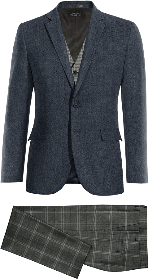 Blue Checked Merino Wool Suit Blue 3 Piece Wool Suit - Suit (600x990), Png Download