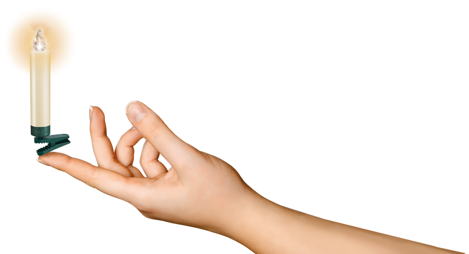 Krinner Lumix Led Candle Balanced On A Finger Tip - Candles For Christmas Tree Png (1170x517), Png Download