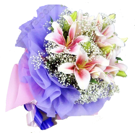 Hb026 Pink Lily With Baby's Breath - Bouquet (450x450), Png Download