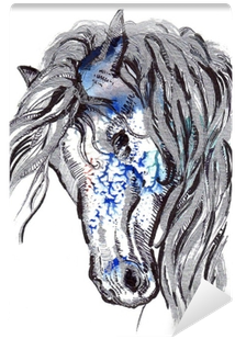 Horse's Head Black And Silver Drawing On A Watercolor - Tete De Cheval Dessin (400x400), Png Download