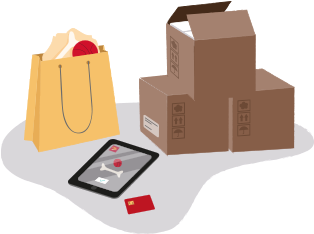 A Shopping Bag, Tablet, Cibc Card And Pile Of Boxes - Shopping Bag (550x268), Png Download