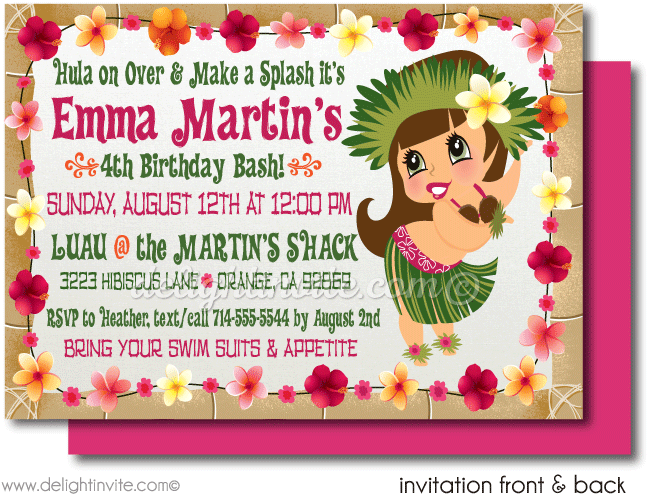 Retro Hula Girl Luau Hawaiian Printable Invitation - Luau (656x530), Png Download