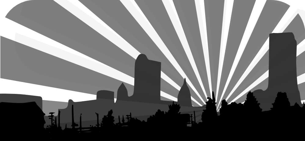 Blue City Scene Black White Line Art 999px 96 - City Skyline Clip Art (999x461), Png Download
