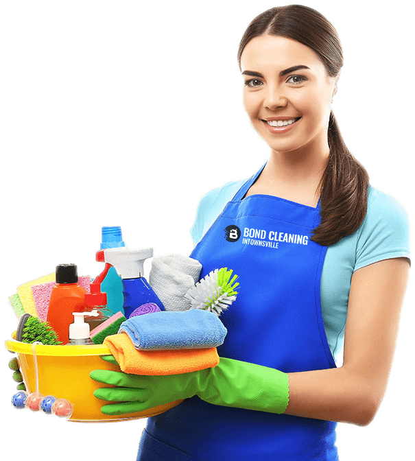 Smiling Woman Standing With A Bucket Full Of Bottles - Girl (614x756), Png Download