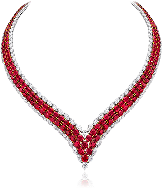 Cellini Jewelers Ruby And Diamond V Necklace Oval Burmese - Necklace (330x390), Png Download