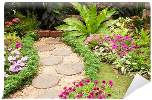 Stone Paved Garden Path With A Lawn And Flowerbed Wall - Leigh Country Bird-on-lily-pad Garden Bird Bath, Silver (400x400), Png Download