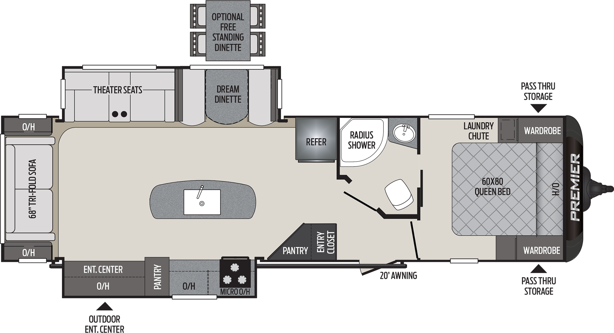 Premier 30ripr Travel Trailer - Kid Friendly Travel Trailer Floor Plans 2019 (2000x1086), Png Download