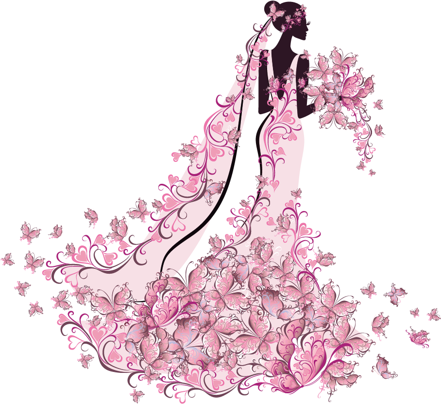Pink Butterfly Bride - Pink Wedding Dress Clipart (974x914), Png Download