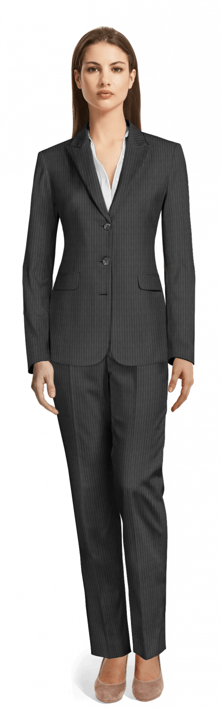 Grey Striped 100% Wool Pant Suit - Women Tuxedo (437x1401), Png Download