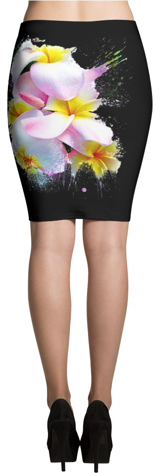 Black Pencil Skirt Baby Pink Hawaiian Plumeria Art - Skirt (1000x1000), Png Download