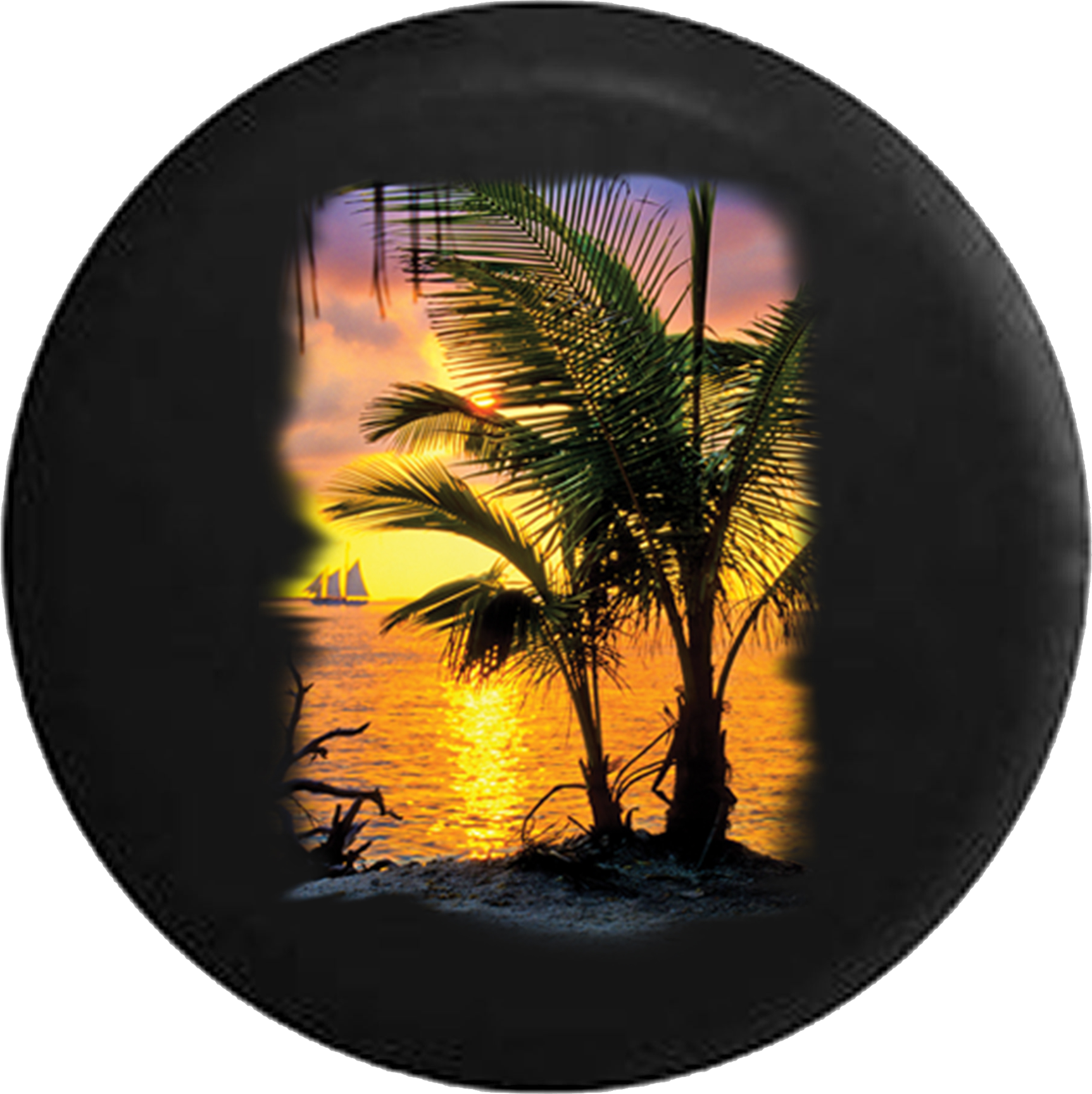 Palm Trees Ocean Front Beach Sail Boat Ships Jeep Camper - Sunset (1725x1728), Png Download