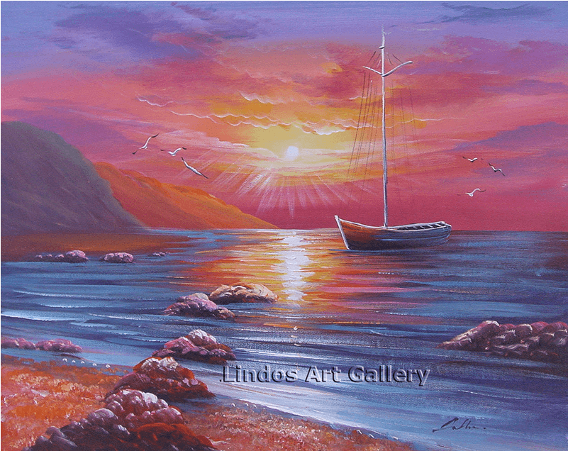 Fishing Boat Red Seaview Oil Painting - Painting (1000x714), Png Download