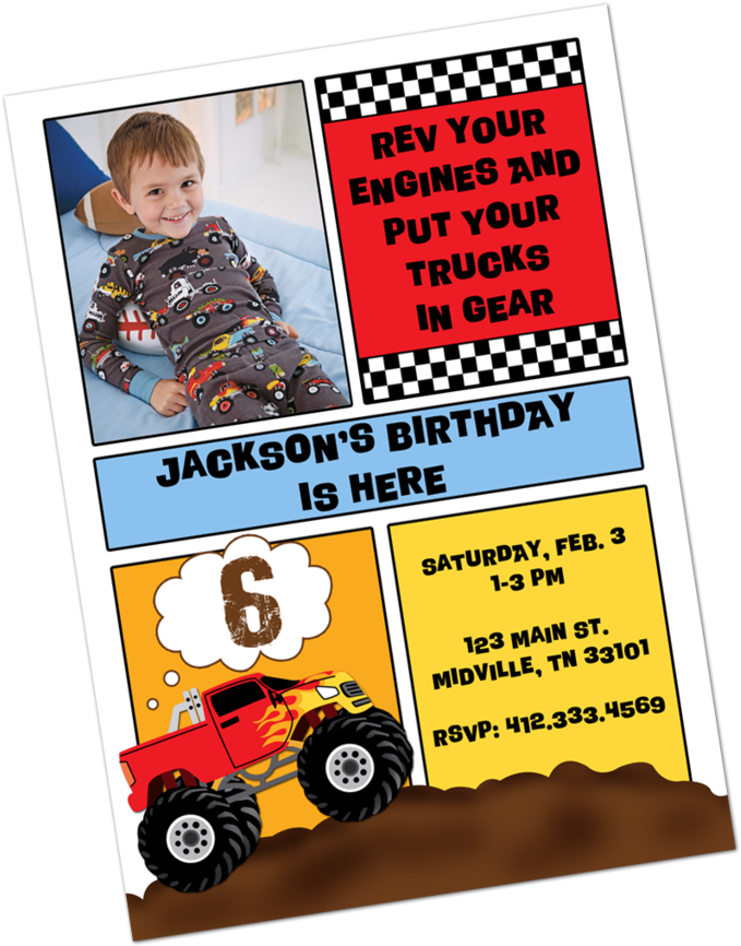 Monster Truck Digital Invitation Digital Invitations - Toddler (853x1024), Png Download