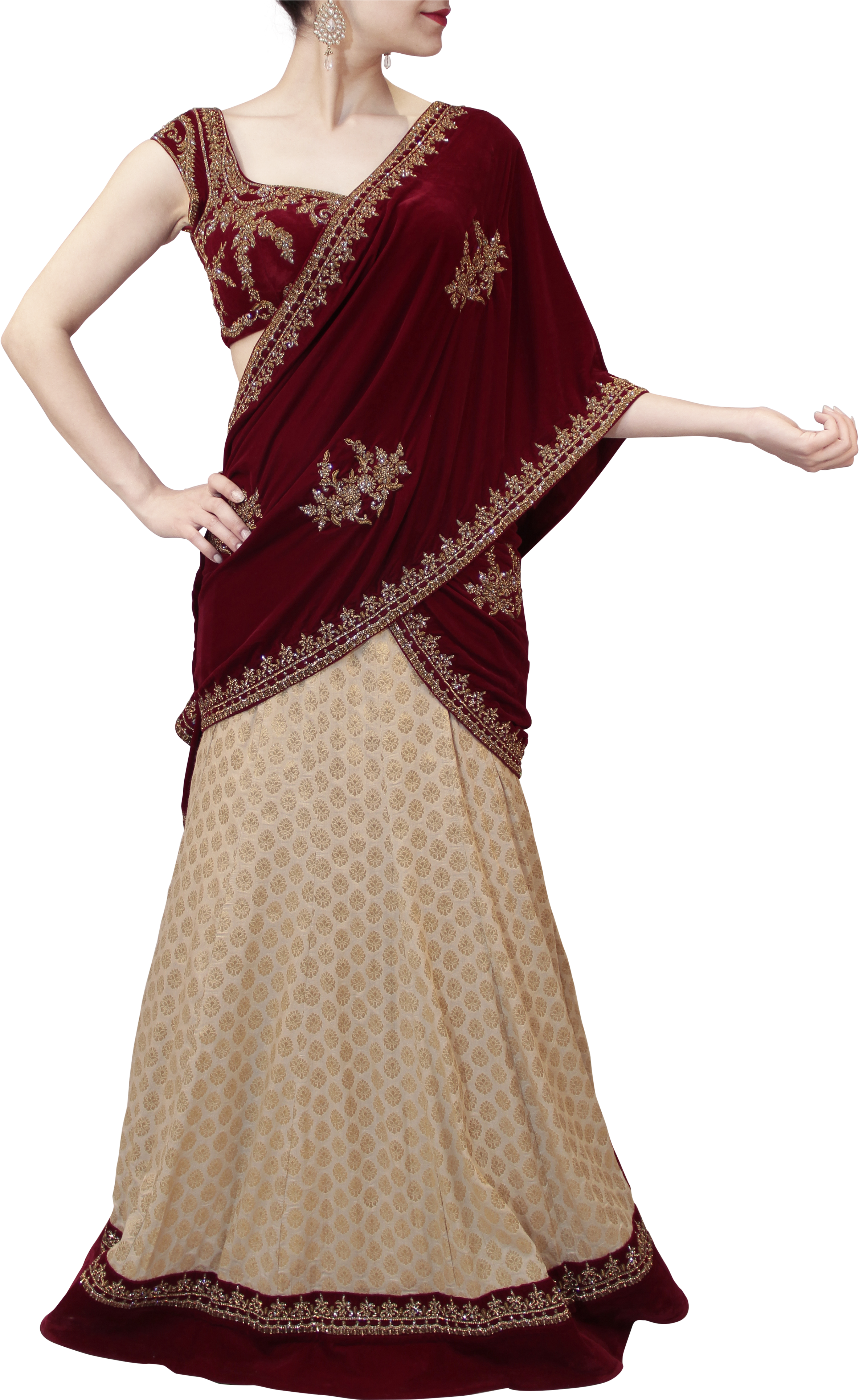 Designer Lehengas - Cream Maroon Lehenga (3456x3960), Png Download