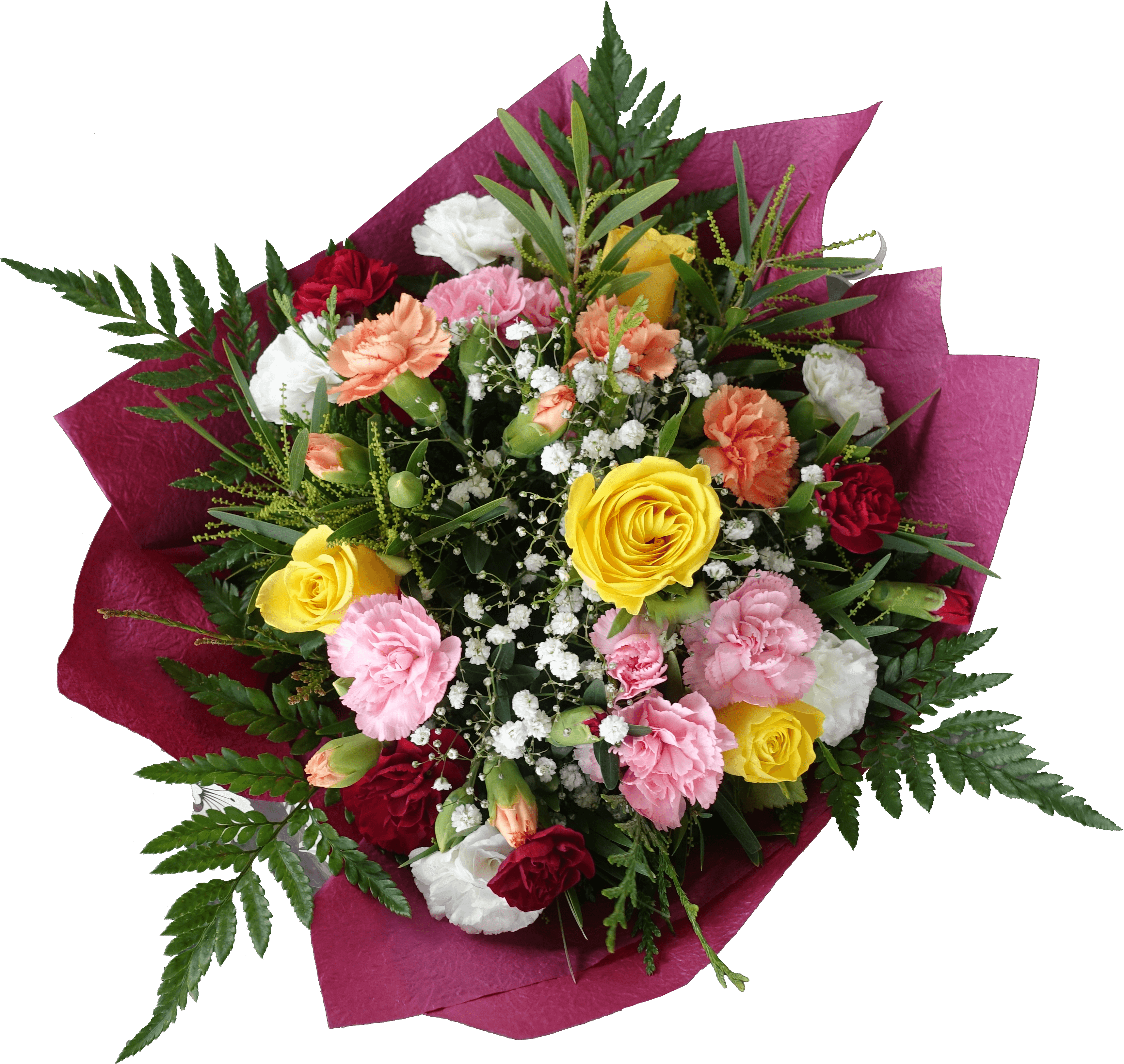 Yellow Rose Pink Red Carnation Gyp Bouquet - Bouquet (3442x3256), Png Download