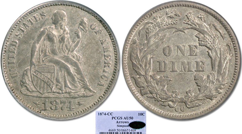 1874 Cc Seated Liberty Dime Pcgs Au 50 - Cash (1000x563), Png Download