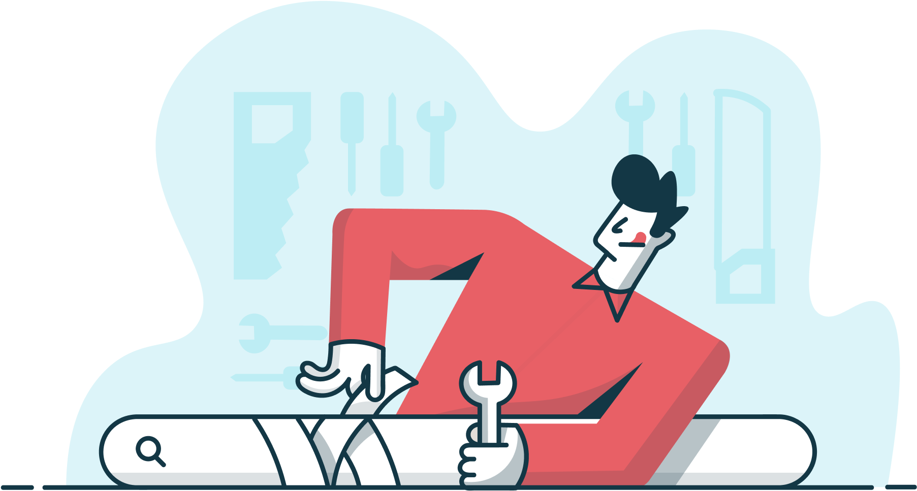 Illustration Of A Man Fixing A Search Bar With Tools (1821x992), Png Download