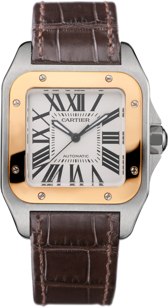 Santos 100 Watch Medium Model, 18k Pink Gold, Steel, - Cartier Santos 100 Ladies (559x1024), Png Download