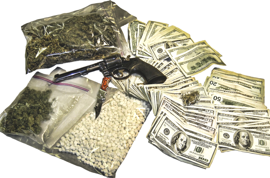 Gun Knife Drugs Money (907x600), Png Download
