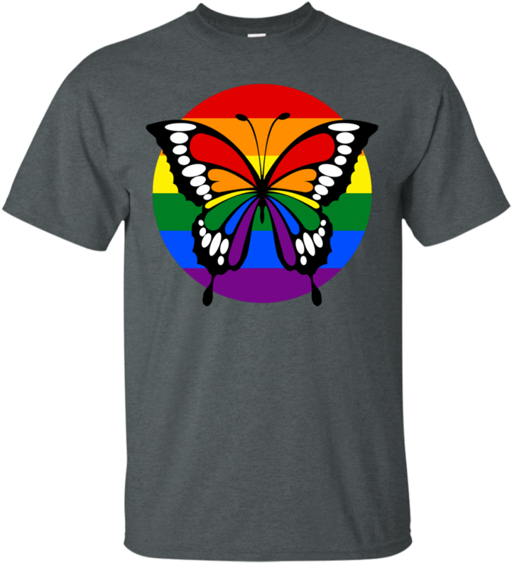 Button Rainbow Flag Stripes Butterfly Silhouette T - Purple Gucci Shirt (800x800), Png Download