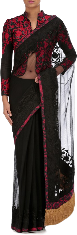Black Color Saree With Thread Embroidery - Black Saree With Red Embroidery (650x808), Png Download