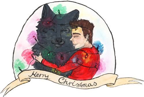 A Christmas Card/snow Globe-like Drawing Of Wolf Derek - Drawing (500x346), Png Download