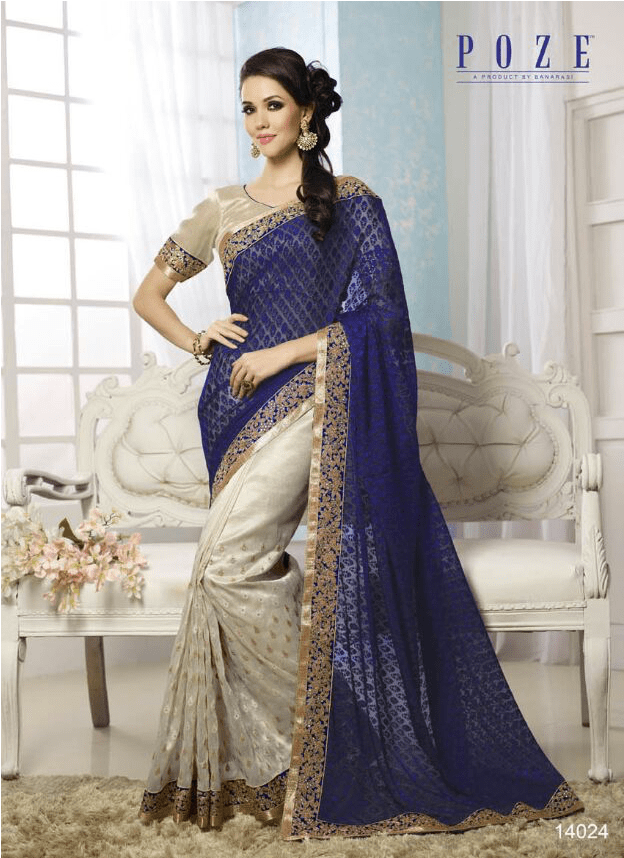 Buy Dark Blue And Antique White Bordered Saree By Diamond - Photo Shoot (1280x857), Png Download
