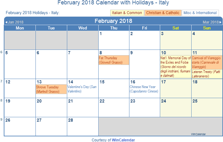 February 2018 Calendar With Italian Holidays As Image - January 2019 Calendar Holidays (720x465), Png Download