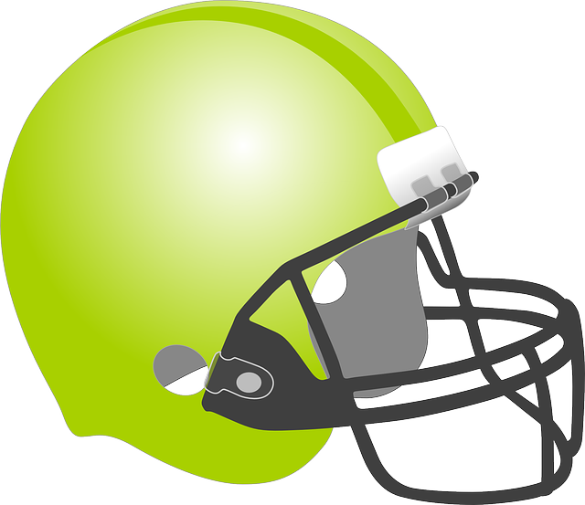 Football, Baseball, Helmet, Protection, Sport, Green - White And Blue Football Helmet (640x553), Png Download