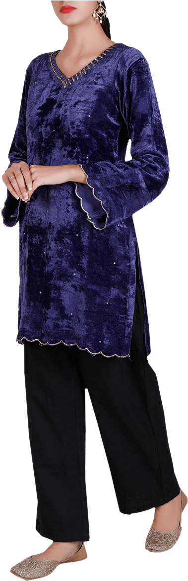 Blue Flare Sleeved Zari Embroidered Chenille Kurta - Velvet (800x1180), Png Download