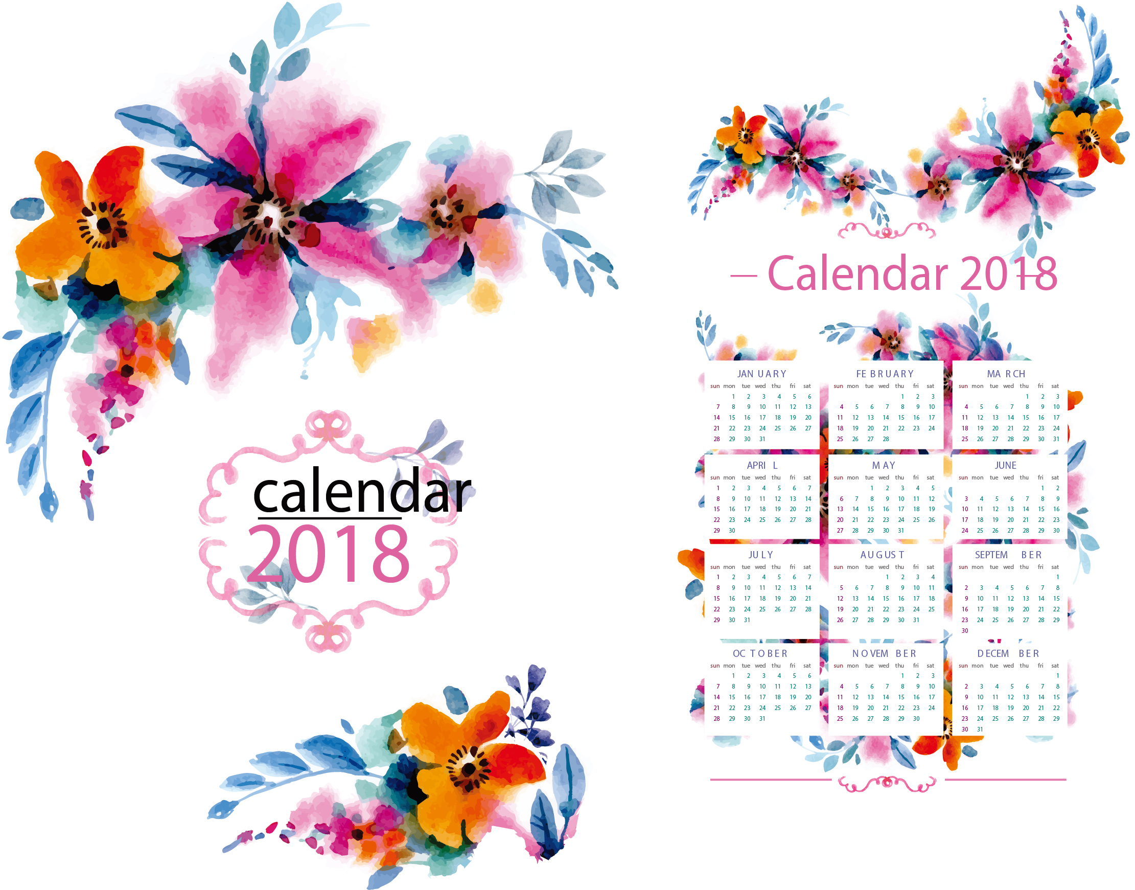 2220 X 1761 5 - Flower Calendar For 2018 (2220x1761), Png Download