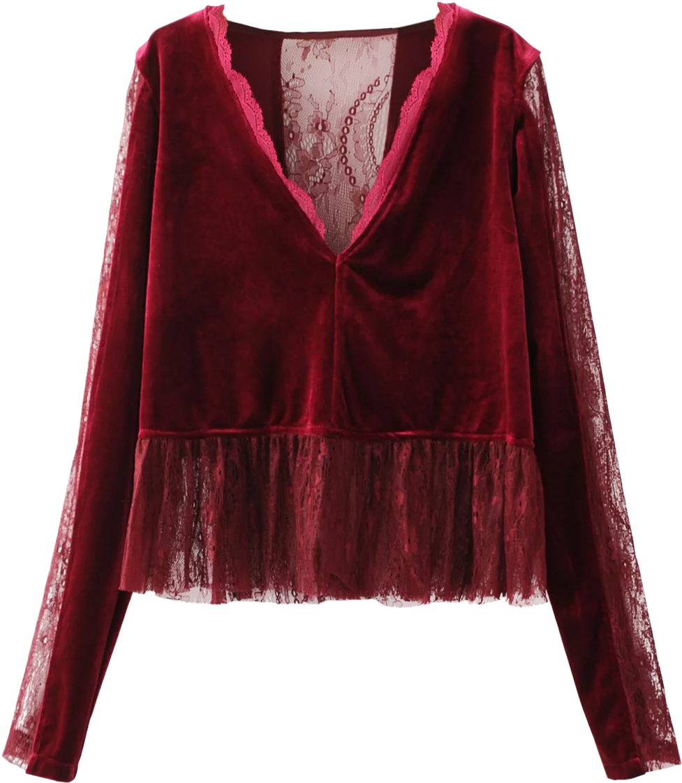 Ruffles Lace Panel Velvet Blouse - Blouse (1000x1330), Png Download