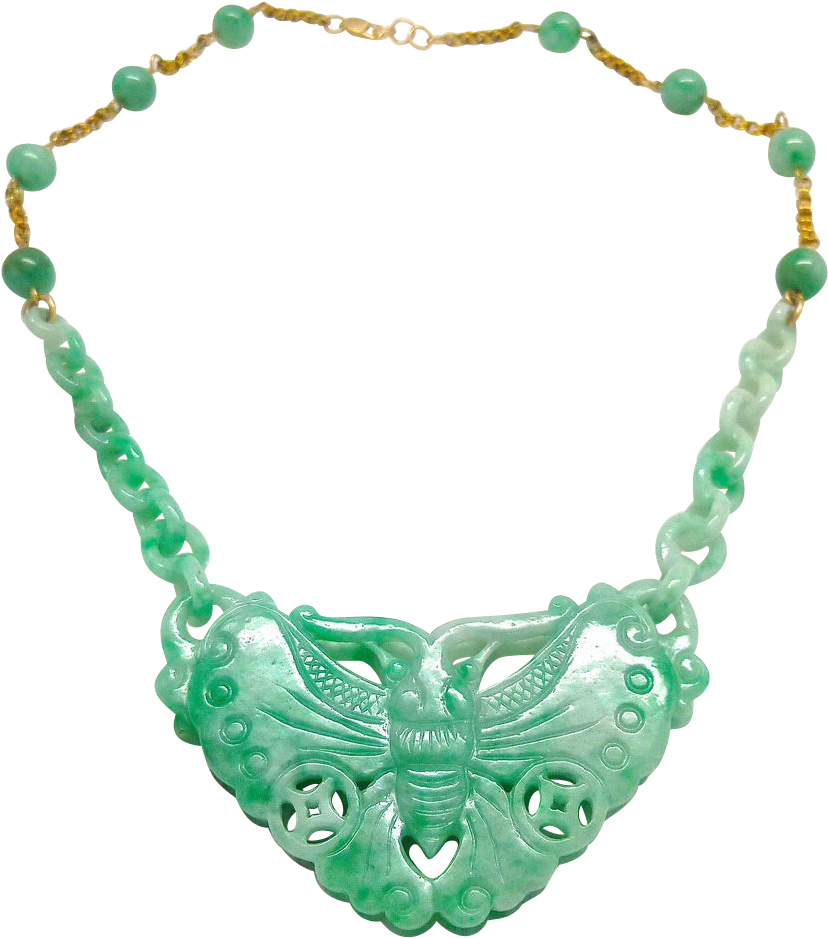 Rare Natural Jadeite Jade Carved Interlocking Chain - Butterfly Pendant Necklace In 14k (937x937), Png Download