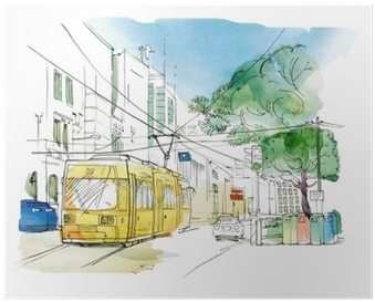 Sketch Of The City Landscape With A Yellow Trolley, - Traffic Light (400x400), Png Download