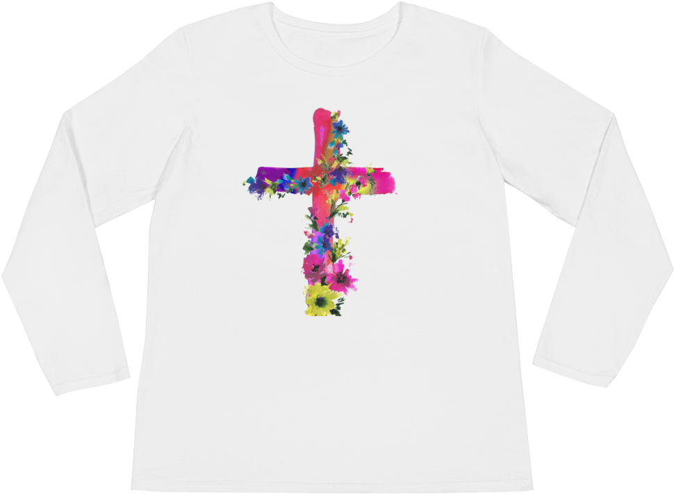 Watercolor Flowers & Cross Ladies Long Sleeve T-shirt - Cross (1000x1000), Png Download