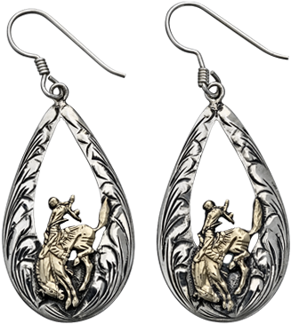 Hand Engraved Teardrops With Gold Bronc Earrings - Gold (342x381), Png Download