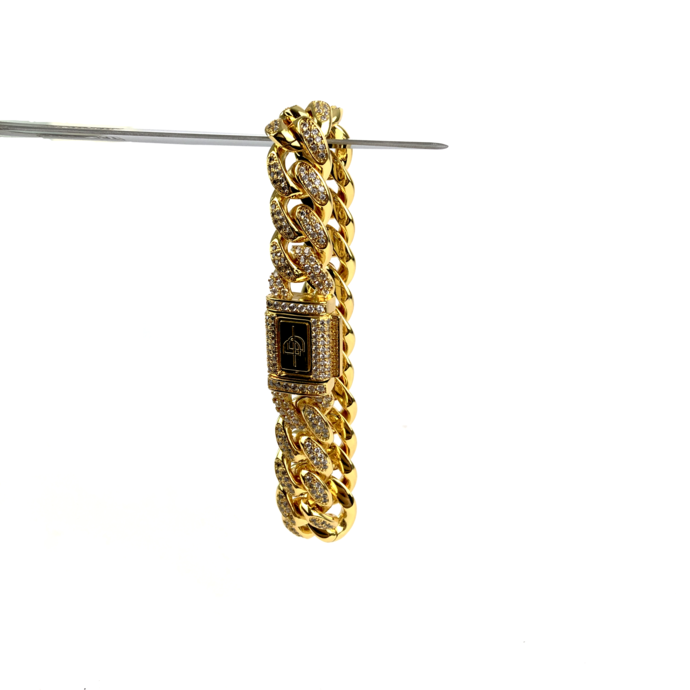 New Iced Out 12mm Cuban Link Bracelet Yellow Gold Bling Bling Full Size Png Download Seekpng