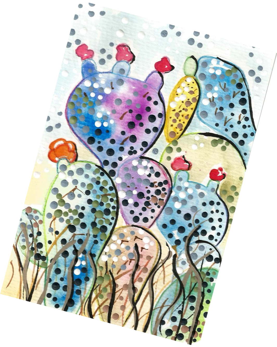 Prickly Pear Cactus Painting Desert Landscape Watercolor - Visual Arts (1064x1332), Png Download