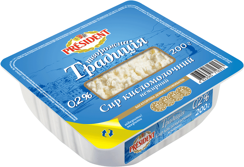 Traditional Cottage Cheese Low Fat - President Cottage Cheese 9% 200g (1273x1262), Png Download