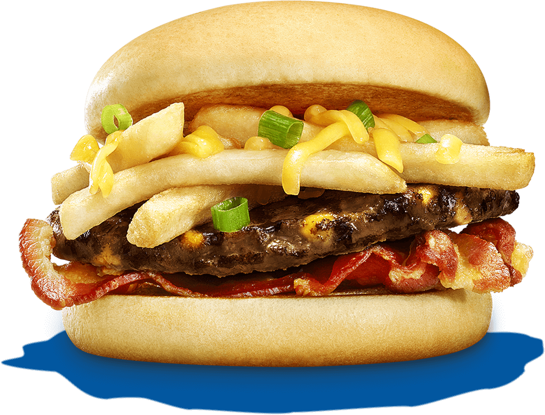 Double Cheddar Loaded Fry Burger - Fast Food (1067x812), Png Download