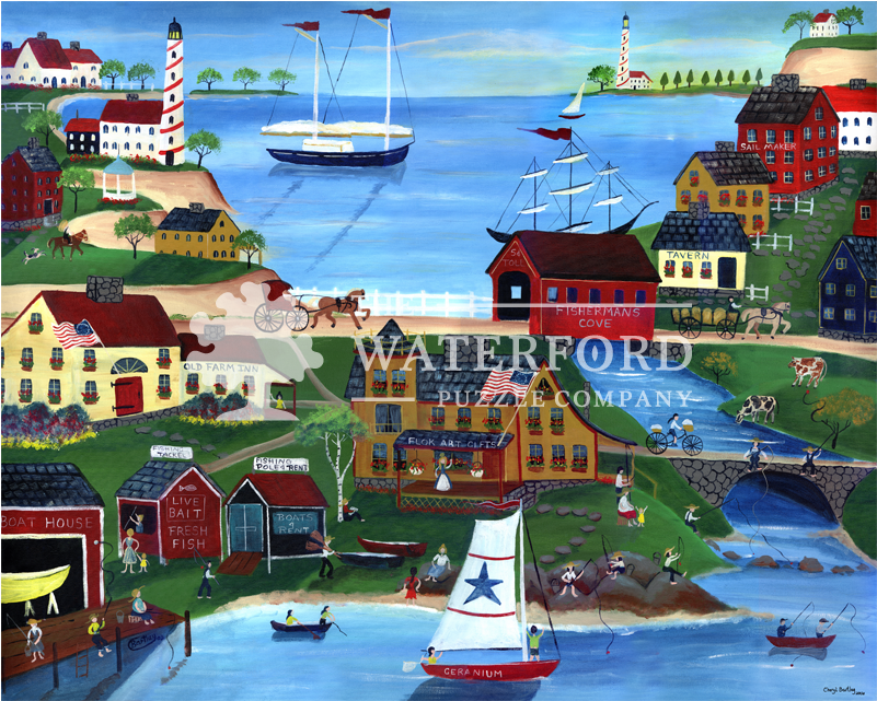 Fisherman's Cove Of Yesteryear - Folk Art Painting Seasode (800x800), Png Download