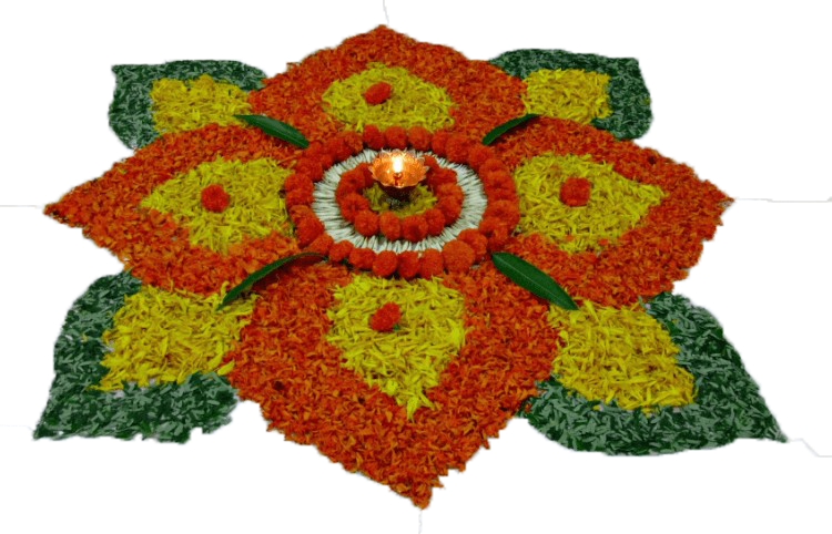 Rangoli With Marigold Flowers (750x482), Png Download
