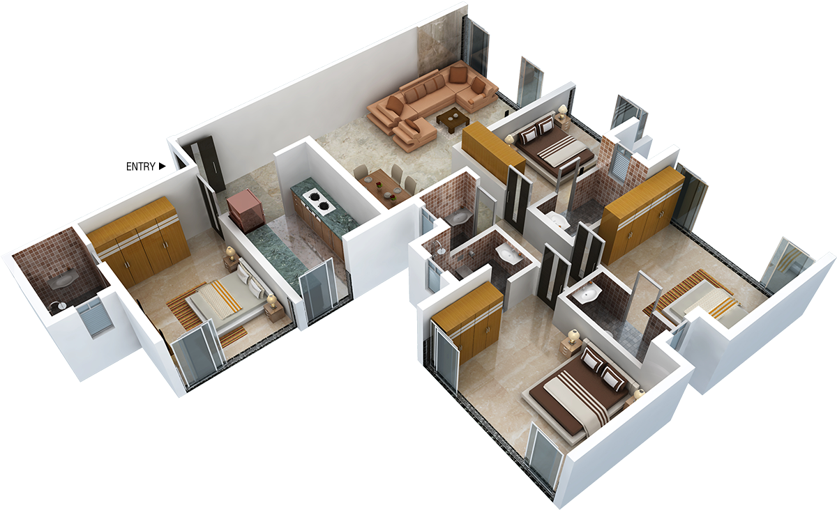 3 Bhk Apartments - Floor Plan (1920x884), Png Download