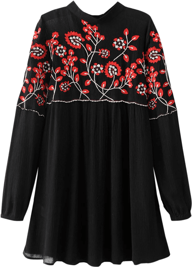 Long Sleeve Embroidered Floral Mini Dress - Dress (700x931), Png Download